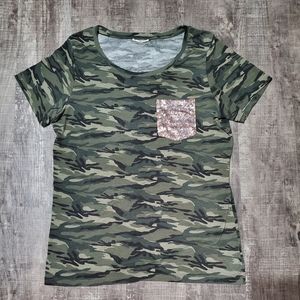 Camo Swoop Neck Shirt with Pocket